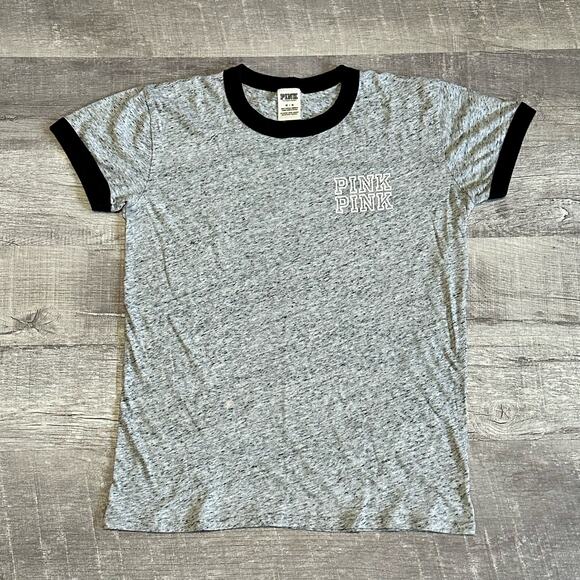 PINK Victorias Secret Campus Ringer T Shirt Womens M Short Sleeve Heather Grey - Picture 1 of 9
